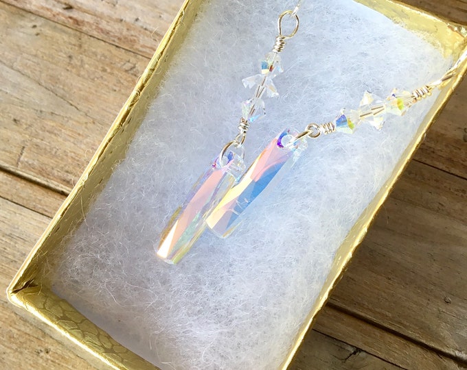 Crystal AB Icicle Earrings Rainbow w/ Swarovski Column Dangle long Elegant Jewel French Hook Silver Titanium Hypo Charm Jewelry Ladies Gift