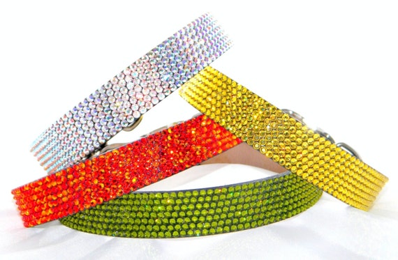 本革・スワロフスキ・グラスストーンの犬用首輪 スワロフスキークリスタル大型犬用首輪：レザーラインストーンペット