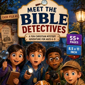 Peut inclure: Une couverture de livre intitulée Meet the Bible Detectives, A Fun Christian Mystery Adventure for Ages 6-9. Elle montre quatre enfants avec une loupe, une lampe torche, un appareil photo et un chapeau, avec 55+ pages et 8,5 x 11 pouces.