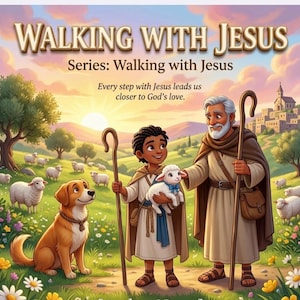 Könnte beinhalten: Eine digitale Illustration mit dem Titel WALKING WITH JESUS, Series: Walking with Jesus, Every step with Jesus leads us closer to God's love. Sie zeigt ein Kind und eine ältere Person mit Stäben, ein Lamm und einen Hund auf einer Wiese.