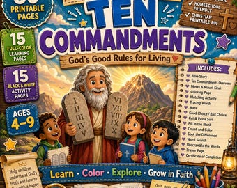 Ten Commandments Activity Book, Bible Lessons for Kids, Sunday School Printable (PDF)