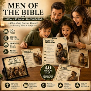 May include: A digital Bible study guide titled Men of the Bible featuring 40 stories of men in Scripture. The set includes a tablet displaying the cover, multiple printable 8.5 x 11 inch pages detailing figures like David, Moses, Joseph, and Paul.