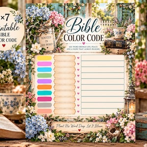 Op de afbeelding: Een printbare 5x7 bijbelkleurcodekaart met bloemenranden, een gieter en een bijbel. Het document bevat de tekst Bible Color Code, His Word Brings Life, Peace and a Hope That Always Blooms, en Plant His Word Deep. Let It Bloom, met 20 invulbare velden.