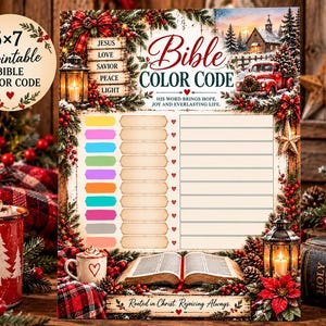 Op de afbeelding: Een 5x7 printbare Bijbel kleurcode kaart met kerstthema illustraties van een rode vrachtwagen, een lantaarn en een open boek. Het document bevat invulbare velden, de tekst 'Bible Color Code' en een lijst met gekleurde labels voor bijbelstudie.