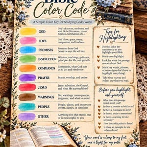 Puede incluir: Una tabla Bible Color Code con borde floral, una clave de colores para temas de estudio como Dios, Amor y Promesas, y secciones tituladas Tips for Highlighting y Before you highlight, ask yourself. El texto incluye 5 x 7 inch y Psalm 119:105.