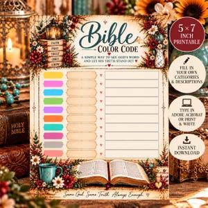 May include: A 12.7 x 17.8 cm printable Bible colour code chart featuring a floral border, a stack of books labelled Faith, Pray, Trust, Obey, Grow, and an open Bible. The chart includes ten coloured rectangles, corresponding blank text fields, and hearts.