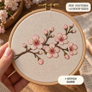PDF-broderidesign för körsbärsblomsgren — Skriv ut hemma Hoop Art, digital nedladdningsöverföring