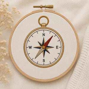 May include: A circular embroidery hoop containing white fabric with a stitched compass design. The compass features a gold circular frame, a central star with red, blue, and beige points, and the letters N, S, E, and W in black thread.