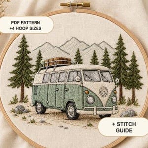 1967 VW Camper Van Sunset PDF Embroidery Pattern — Boho Hoop Art, Instant Digital Download