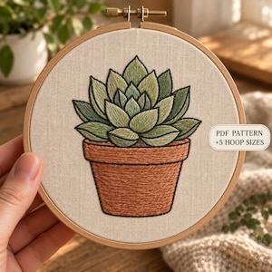 May include: A round wooden embroidery hoop containing a fabric panel with a stitched design of a green succulent plant in a brown terracotta pot. A small white rectangular label on the right side displays the text PDF PATTERN +5 HOOP SIZES.