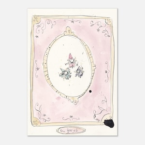 May include: A rectangular print featuring a pale pink watercolour background with a central oval frame containing three small, hand-drawn figures with wings. The text "the fairies" is written in black ink at the bottom within a small oval border.
