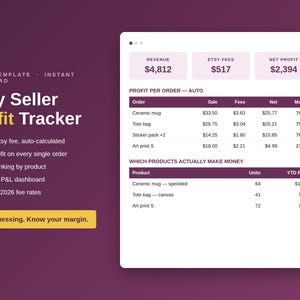 Etsy Seller Spreadsheet Excel Template, Profit Tracker with Fee Calculator, Bookkeeping Sales COGS Tracker, Pricing Tool for Etsy Shop 2026