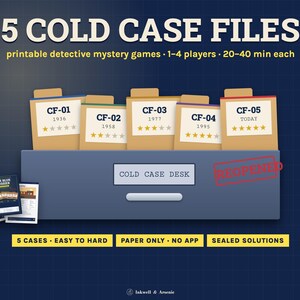 May include: A set of 5 Cold Case Files printable detective mystery games featuring five tan file folders labeled CF-01 through CF-05 with star ratings, a blue desk drawer labeled Cold Case Desk, and three printed documents on a dark blue grid background.