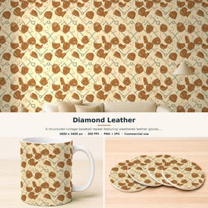 Peut inclure: Un mug en céramique et un ensemble de dessous de verre ronds arborant un motif répétitif de gants de baseball marron et de losanges de terrain de baseball bleu clair sur fond crème. Le texte Diamond Leather apparaît sur l'image.