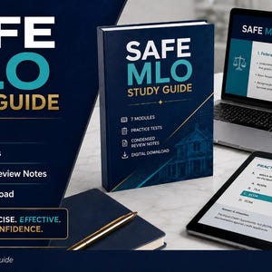 May include: A dark blue SAFE MLO STUDY GUIDE book, a laptop displaying the study guide, and a tablet showing a practice test. The materials feature text including 7 Modules, Practice Tests, Condensed Review Notes, and Digital Download.
