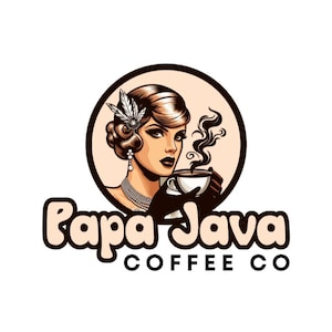 Op de afbeelding: Een rond logo met een illustratie van een persoon met een haaraccessoire met veren, een parelketting en oorbellen, die een dampende kop koffie vasthoudt. Onder de cirkel staat de tekst Papa Java COFFEE CO in vetgedrukte letters.
