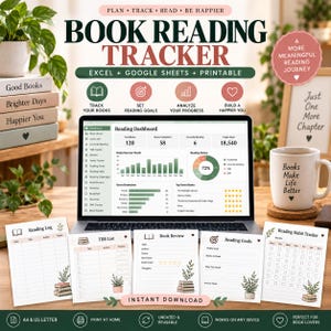 May include: A digital book reading tracker displayed on a laptop screen, featuring a dashboard with charts and statistics. Below the laptop are five printable sheets: a reading log, TBR list, book review, reading goals, and a reading habit tracker.