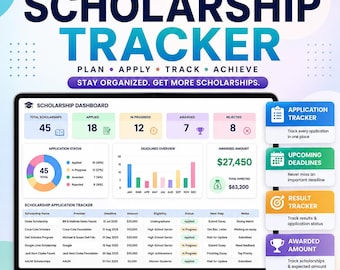 Hoja de cálculo para el seguimiento de becas, planificador universitario, organizador de ayuda financiera, gestión de solicitudes, plantilla de Excel para estudiantes