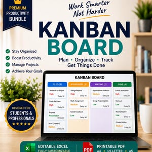 May include: A digital Kanban board displayed on a laptop screen featuring columns for To Do, In Progress, Waiting, and Done. The graphic includes text: Premium Productivity Bundle, Work Smarter Not Harder, Kanban Board, Plan, Organize, Track, Get Things Done, Designed for Students & Professionals, Editable Excel, and Printable PDF.