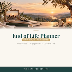 May include: End of Life Planner Notion template and printable binder featuring 12 databases, a 79-page binder, and US Letter plus A4 formats. The text is displayed against a scenic sunset background with a photo frame, books, and a clock.