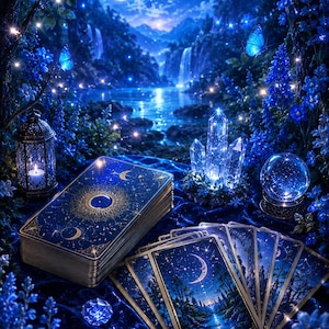 Könnte beinhalten: Ein Tarotkartendeck mit goldenen Himmelsmotiven aus Monden und Sternen, präsentiert neben einem leuchtenden Kristallcluster, einer Glaskugel und einer Metalllaterne. Die Karten zeigen eine nächtliche Landschaft mit einem Fluss.