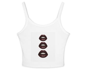 Crop-Top mit Lippen-Make-up für Damen – Spaghettiträger-Top mit dreifach dunklem Lippen-Print