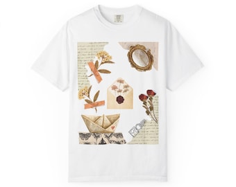 Vintage Collage Papierboot-T-Shirt | gepresste Blumen, Briefumschlag, Spiegel