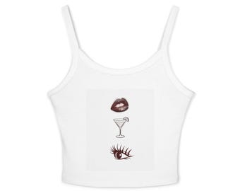 Spaghetti-Tanktop – Minimales Grafikmotiv mit Lippen-, Cocktail- und Augenmotiven (