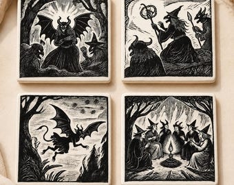 Ensemble de 4 sous-verres gothiques en céramique sur le thème des sorcières, dos en liège, pour Halloween