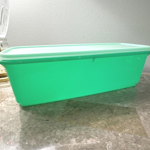 May include: A rectangular, bright mint green plastic storage container with a matching fitted lid. The container features a smooth, solid-colored finish and a clean, simple design, providing a functional solution for organizing various household items.