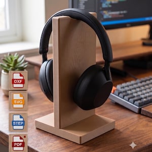 Könnte beinhalten: Ein heller Holz-Kopfhörerständer mit schwarzen Over-Ear-Kopfhörern. Links sind vier quadratische Symbole vertikal gestapelt, die jeweils ein Dateiformat-Label anzeigen: DXF in Rot, SVG in Orange, STEP in Blau und PDF in Rot.
