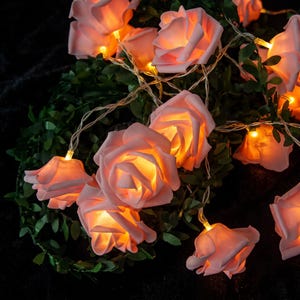 Op de afbeelding: Een LED-lichtsnoer met zachtroze, roosvormige kapjes verweven met groen kunstblad. Elke roos wordt van binnenuit verlicht door een warm geel licht, wat een gloeiend effect creëert over het gehele bloemstuk.