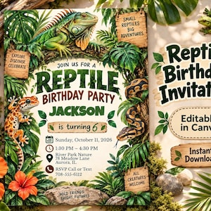 May include: A rectangular reptile birthday party invitation featuring a green iguana, a leopard gecko, and a snake amidst tropical foliage. The text reads: Join us for a Reptile Birthday Party, Jackson is turning 6, Sunday, October 11, 2026.