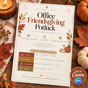Op de afbeelding: Een crèmekleurige flyer voor een Office Friendsgiving Potluck met bruine tekst en herfstbladillustraties. Het vermeldt 25 november 2026 om 12:00 uur in vergaderruimte B, met een aanmeldingssectie voor hoofdgerechten, bijgerechten en drankjes.
