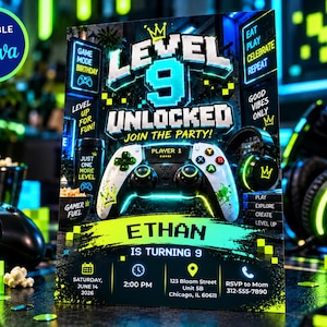 May include: A digital birthday party invitation flyer featuring a video game theme with a central game controller graphic. Text includes Level 9 Unlocked, Join The Party, Ethan Is Turning 9, Saturday June 14 2026, 2:00 PM, 123 Bloom Street, and RSVP details.