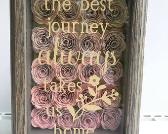 rustic floral shadowbox, farmhouse decor, country floral, barnwood frame, paper flowers, journey, inspirational, shadowbox, home verse