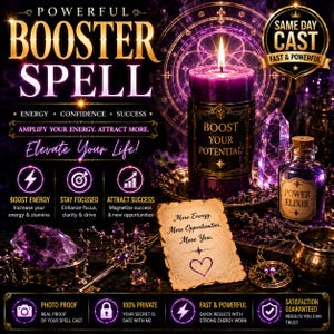 May include: A purple pillar candle with the text 'BOOST YOUR POTENTIAL' sits beside a small glass bottle labeled 'POWER ELIXIR', a piece of parchment with the text 'More Energy. More Opportunities. More You.', a purple crystal, a metal key, and a tree pendant.