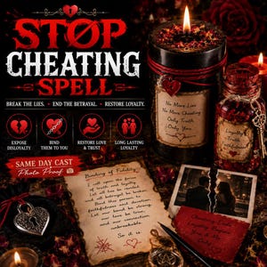 May include: A black candle and a glass jar filled with red petals, both featuring labels with text about loyalty and truth. A parchment paper with handwritten text, a heart-shaped padlock, a torn photograph, and a small metal key are included.