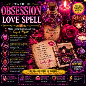 Puede incluir: Una botella de vidrio con líquido rosa, etiquetada como Obsession Love Potion, con tapón de corcho y dije de corazón. Junto a ella hay una nota manuscrita en pergamino, una foto de una pareja, una rosa roja y velas encendidas.