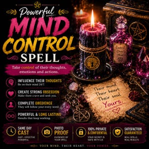 May include: A black candle with a lit wick, a gold-toned brain-shaped charm, and a purple glass bottle labeled Control Their Mind. A piece of parchment paper reads Their mind, Their heart, Their soul, Yours. Text includes Powerful Mind Control Spell.