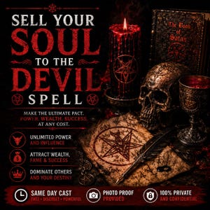 May include: A black candle with a red pentagram, a human skull, a metal chalice, and a quill pen on parchment featuring a pentagram. Text reads: SELL YOUR SOUL TO THE DEVIL SPELL, MAKE THE ULTIMATE PACT, POWER, WEALTH, SUCCESS, AT ANY COST.