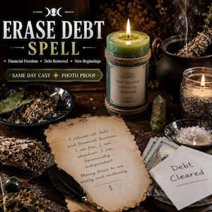 May include: A green pillar candle wrapped in twine with a label reading Debt Release Financial Freedom, accompanied by a piece of parchment with written affirmations, a black feather, a small crystal, and a note stating Debt Cleared.