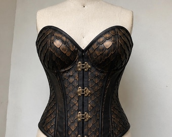 Bronze Black Dragon Scale Overbust Corset, Steampunk Mermaid Bustier, Steel Boned Waist Cincher