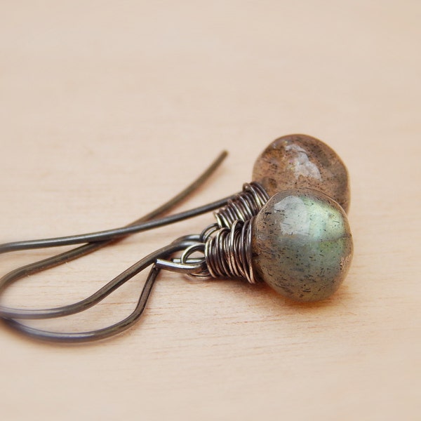 Labradorite earrings, wire wrapped gemstones, sterling silver, flashing lightning, teardrop briolette, oxidized earrings