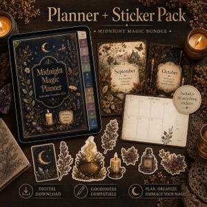 May include: A digital planner and sticker pack titled Midnight Magic Bundle featuring a tablet displaying the Midnight Magic Planner, September and October calendar pages, a weekly layout, and various botanical and mystical stickers.
