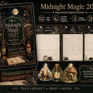 May include: A Midnight Magic 2027 hyperlinked digital planner featuring a dark, botanical cover with a full moon, candles, and books. The set includes 464 pages, 50 PNG stickers, and internal page views for April 2027, a 2027 calendar, and a reading log.