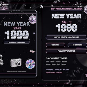 Könnte beinhalten: Ein digitaler, hyperverlinkter Planer für 2027 im Y2K-Stil mit dem Text NEW YEAR like it's 1999. Die schwarze Benutzeroberfläche zeigt Grafiken eines Klapphandys, einer Digitalkamera, einer CD und Discokugeln sowie Bereiche für Ziele und Finanzen.