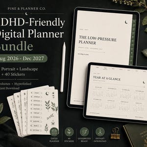 May include: A digital planner bundle featuring a tablet displaying a planner titled The Low-Pressure Planner, a second tablet showing a Year at a Glance calendar, a stylus, and several sheets of stickers with text and botanical illustrations.