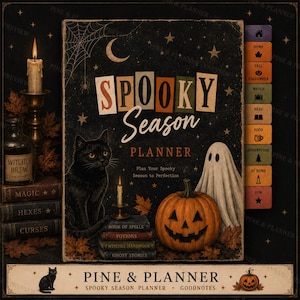May include: A digital planner cover titled Spooky Season Planner featuring a black cat, a jack-o'-lantern, a ghost, and a stack of books. The design includes a crescent moon, stars, and a spiderweb. A side tab menu lists sections: Home, Fall, Halloween, Watch, Read, Food, Adventures, At Home, and Fun.