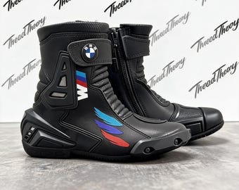 BMW Motorrad Boots, Black Leather Racing Boots, Motorcycle Riding Footwear, Motorbike Gear